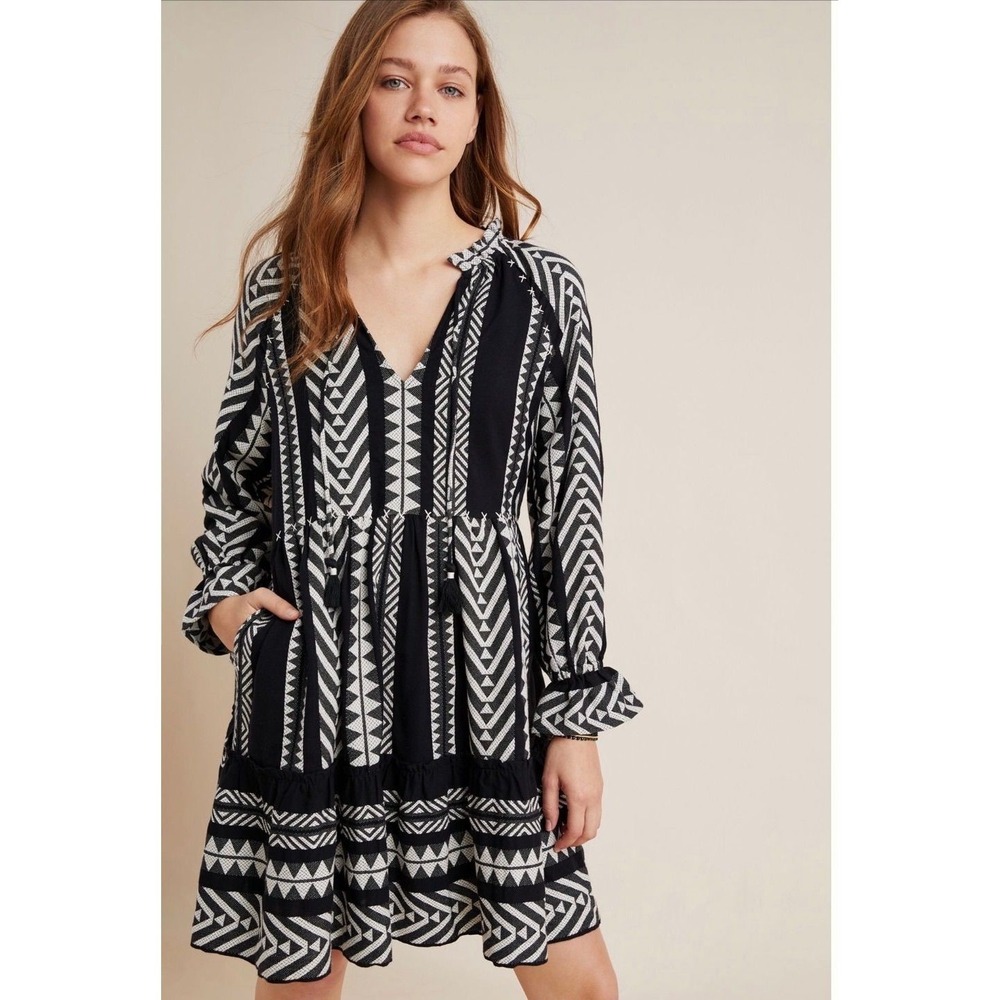 Maeve Anthropologie Black White Geometric Tassel Embroidered Tiered Dress Medium